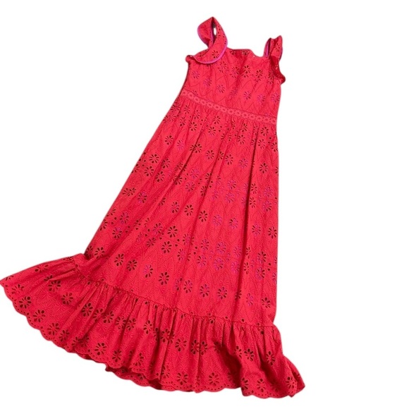 Vineyard Vines coral tiered cotton eyelet lace contrast pink lining Sundress 4 - Picture 1 of 9